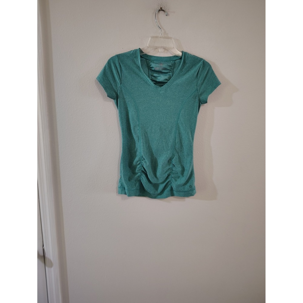 90 Degree by Reflex Womens Teal Heather Ruched V-Neck Athletic Top XS